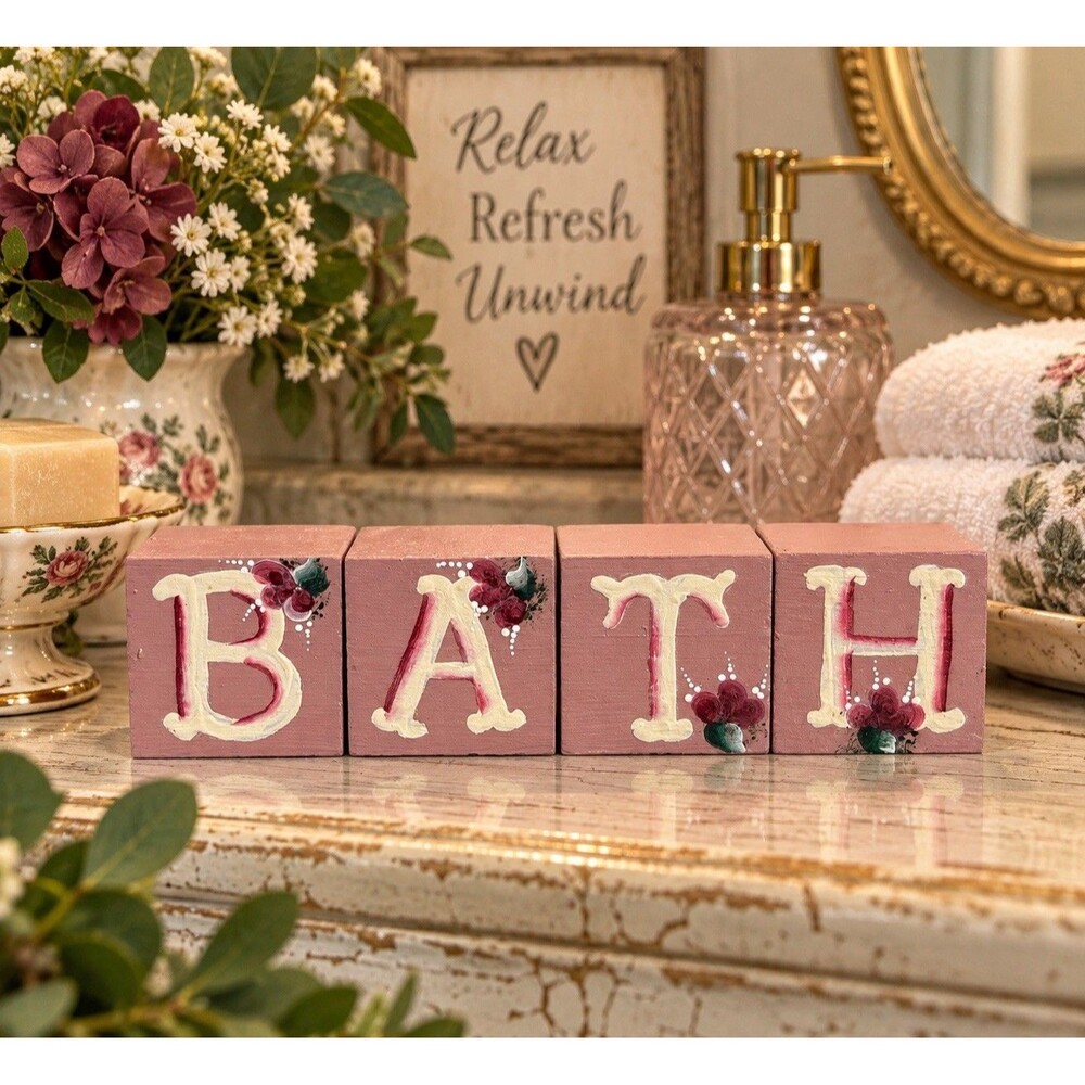 Cottagecore BATH Wooden Blocks Hand Painted Pink Floral Bathroom Shelf Decor Set